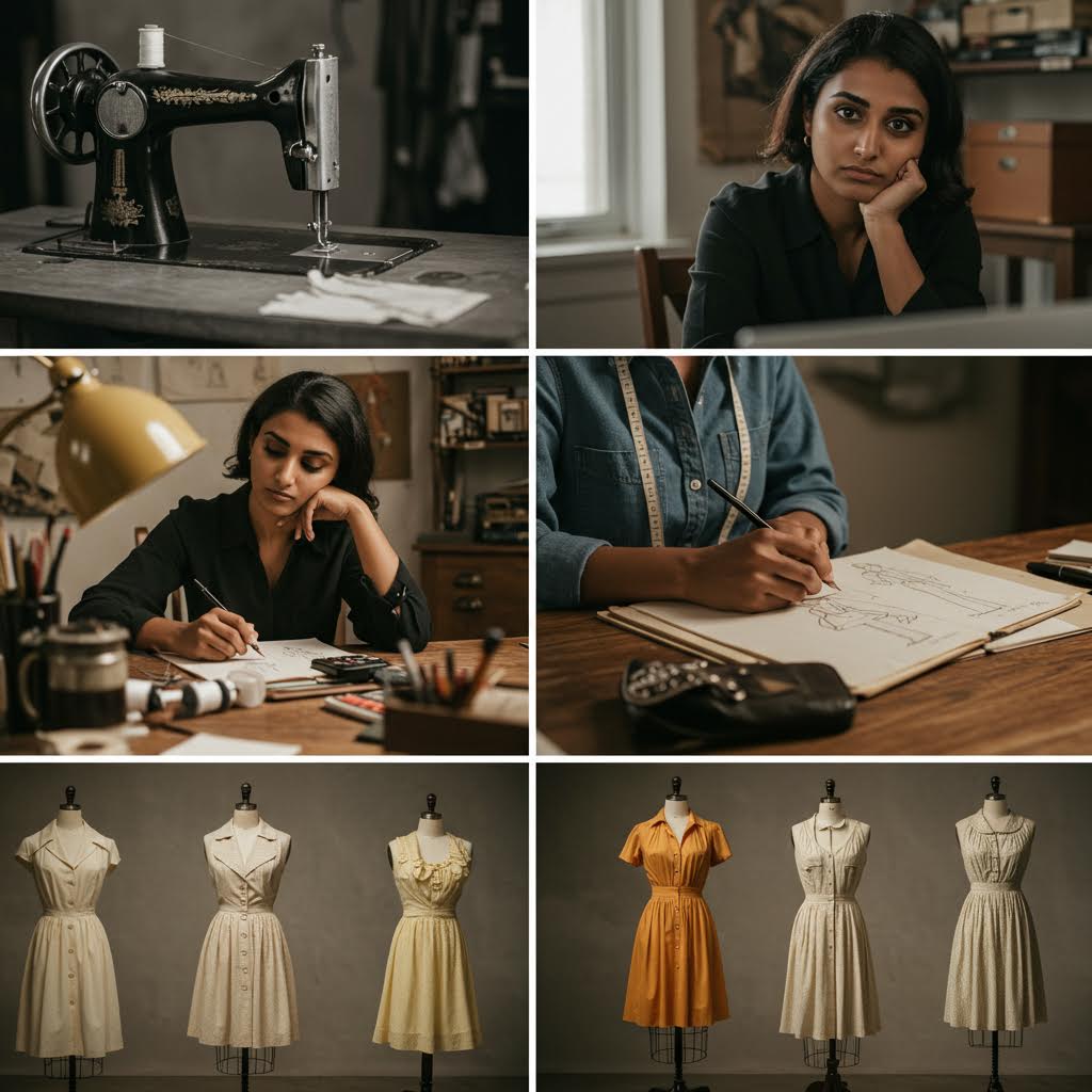 다양한 드레스가 전시된 공간과 제작 과정에 몰두하는 디자이너의 풍경, 이는 슬롯생강 플랫폼의 커뮤니티적 소통과 리뷰 문화를 은유적으로 담아낸 이미지