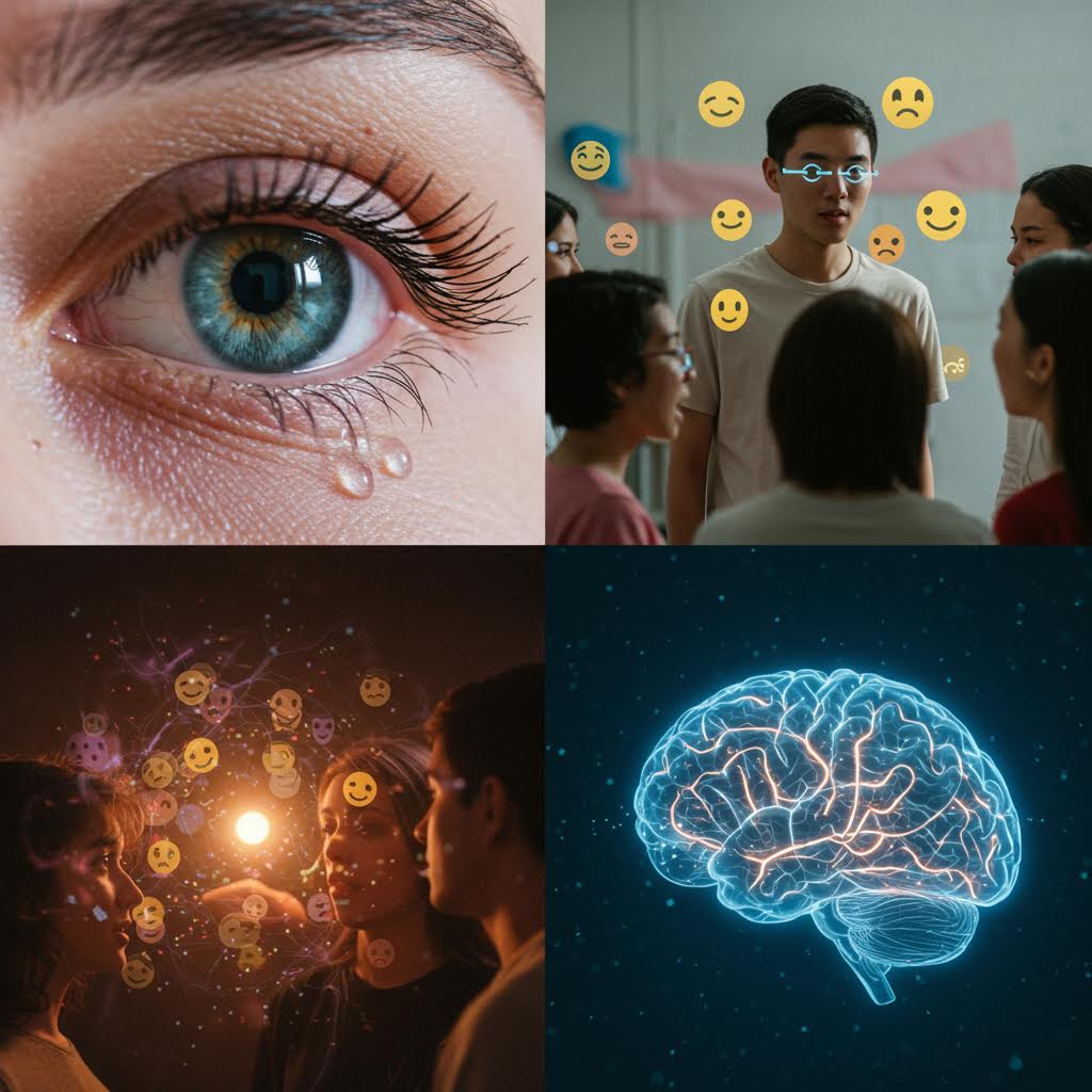 위쪽에는 눈물을 흘리는 파란 눈의 클로즈업 사진과 배경에 이모티콘을 보는 사람, 아래쪽에는 어두운 배경에서 두 사람이 마주보고 있고 그들 사이의 빛나는 구체에서 다양한 감정 이모티콘들이 쏟아져 나오는 장면 - 감정 표현과 디지털 커뮤니케이션을 주제로 한 3개 이미지 콜라주