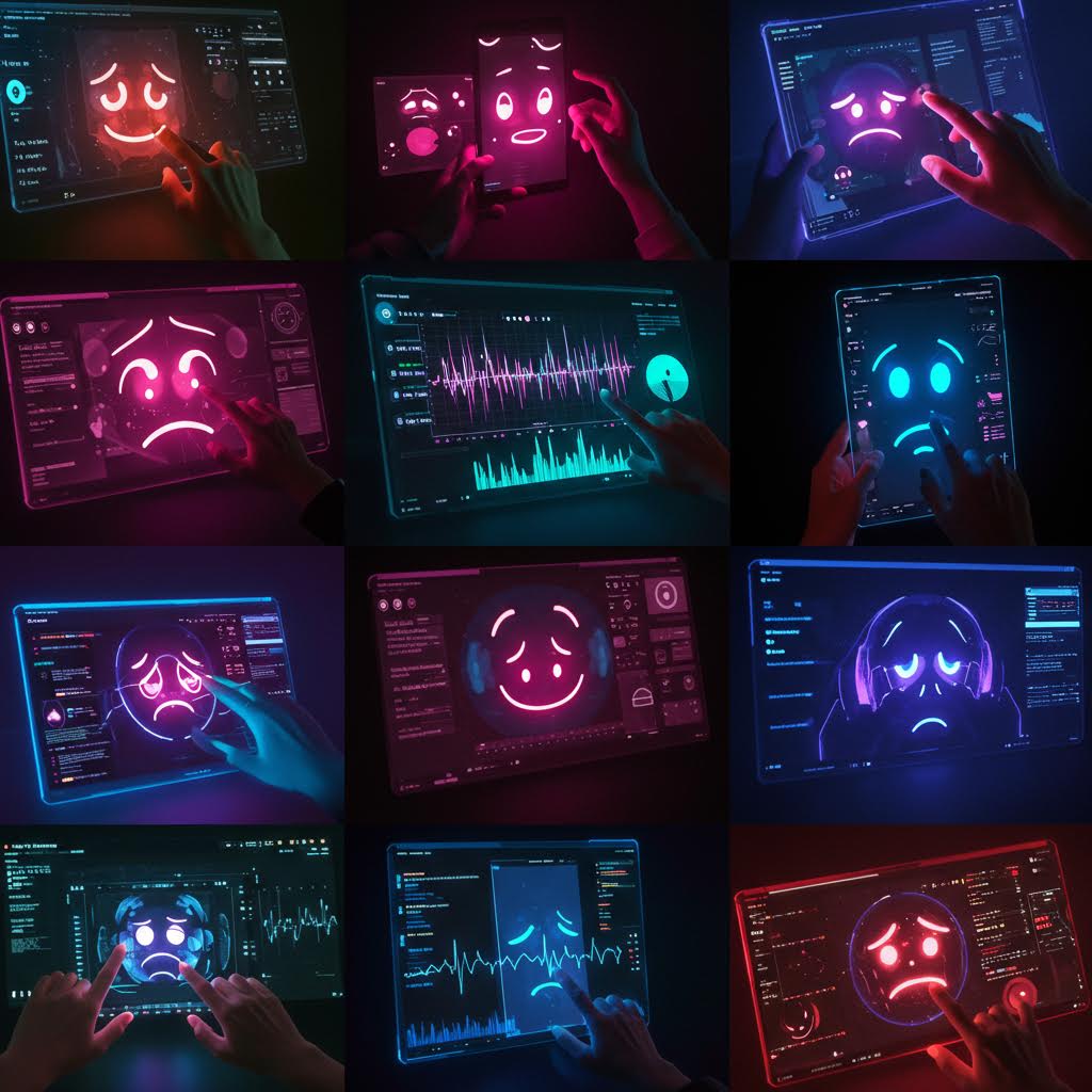 태블릿과 컴퓨터 화면에 네온 핑크색과 청록색으로 빛나는 다양한 감정 표현 이모티콘(행복, 놀람, 슬픔, 미소)이 표시되고, 손이 화면을 터치하거나 가리키는 모습을 담은 6개의 장면 - 감성 인식 AI 또는 디지털 감정 분석 인터페이스를 나타냄