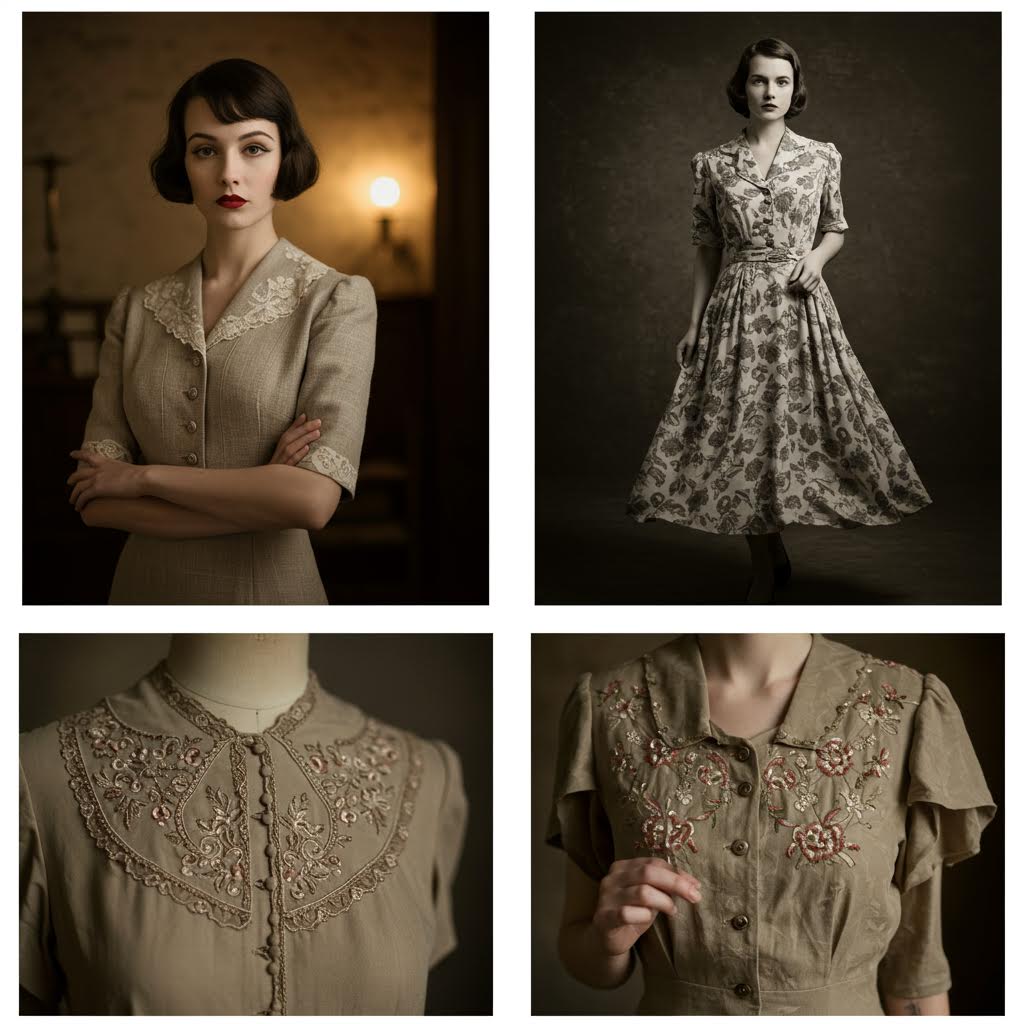 세련된 자수 디테일과 고전적인 디자인이 돋보이는 빈티지 원피스를 착용한 인물과 의상이 함께 담긴 이미지로, 온카스터디가 연구하는 복식 미학과 시대별 패션 감성을 시각적으로 표현한 장면.