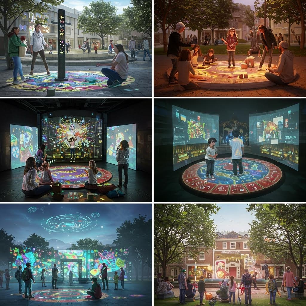 공공 광장에서 증강현실 학습 게임을 즐기는 사람들, 온카스터디의 참여형 교육 콘텐츠