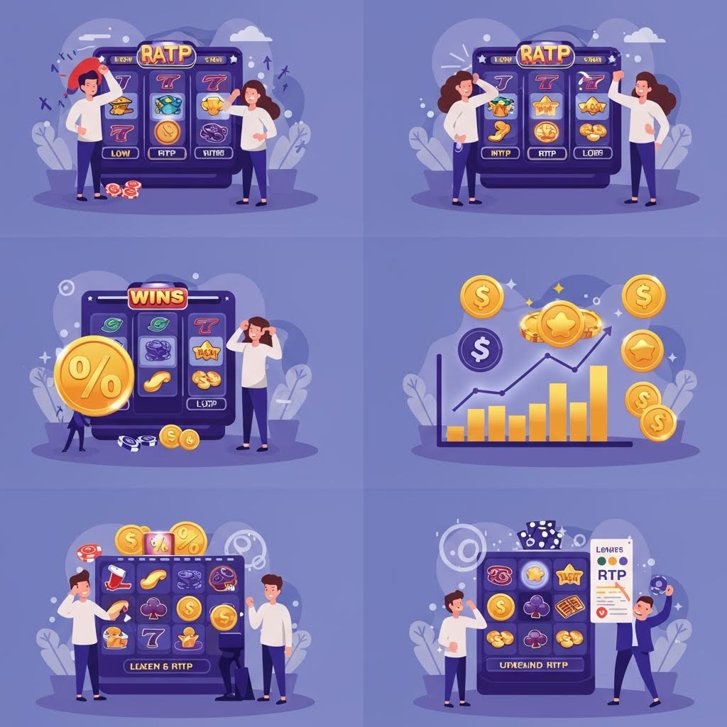 여섯 개의 슬롯 게임 관련 일러스트가 한 화면에 배치되어 있으며, 사람들의 반응, 동전 아이콘, 그래프, RTP 안내판 등이 함께 나타나는 구성의 이미지.