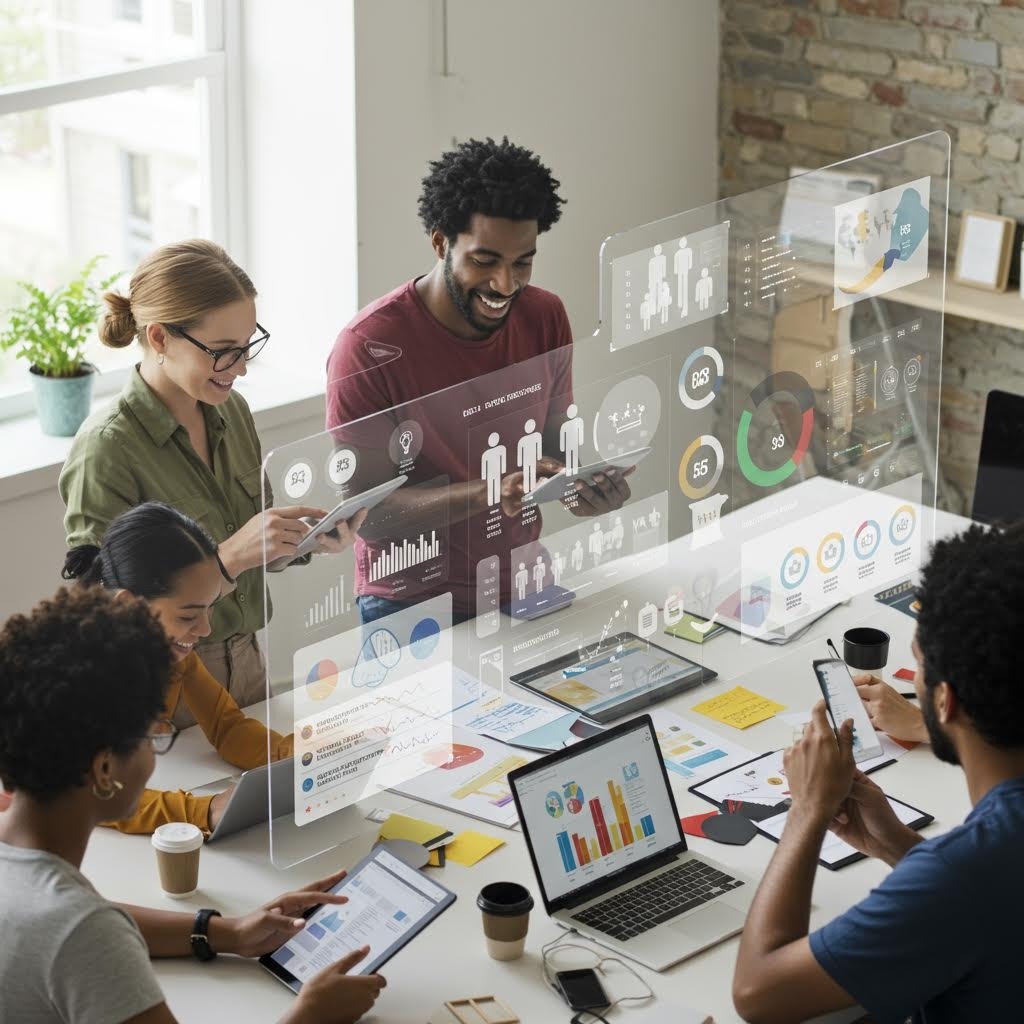 회의실에서 홀로그램 데이터를 함께 분석하는 팀, 온카스터디의 협업 기반 분석 플랫폼