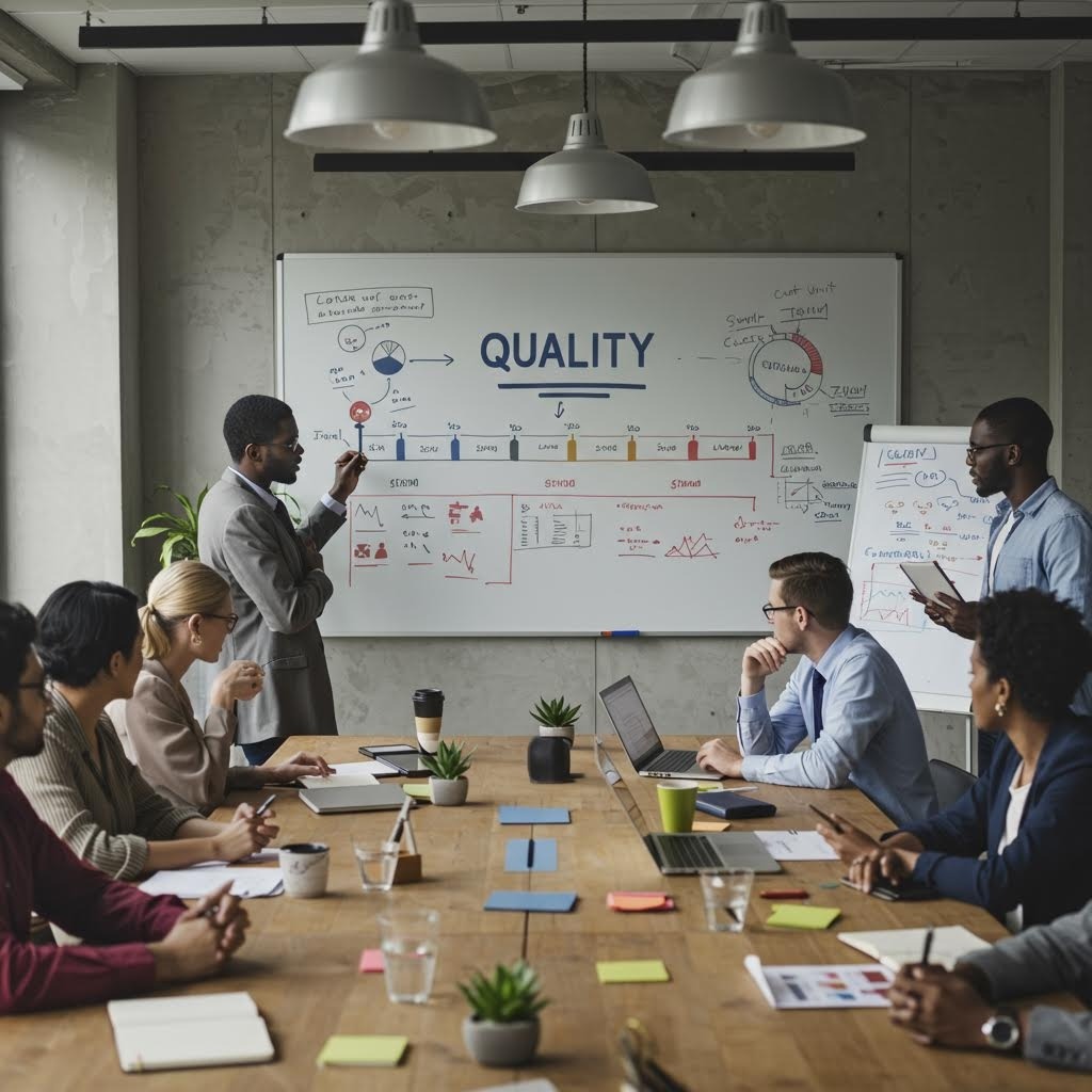 회의실에서 여러 사람이 테이블에 앉아 있고, 앞쪽 화이트보드에서 발표자가 ‘QUALITY’라고 적힌 도표를 설명하는 장면.