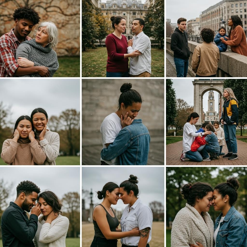 야외에서 다양한 관계와 대화를 나누는 사람들의 장면, 온카스터디의 커뮤니티 소통 프로젝트