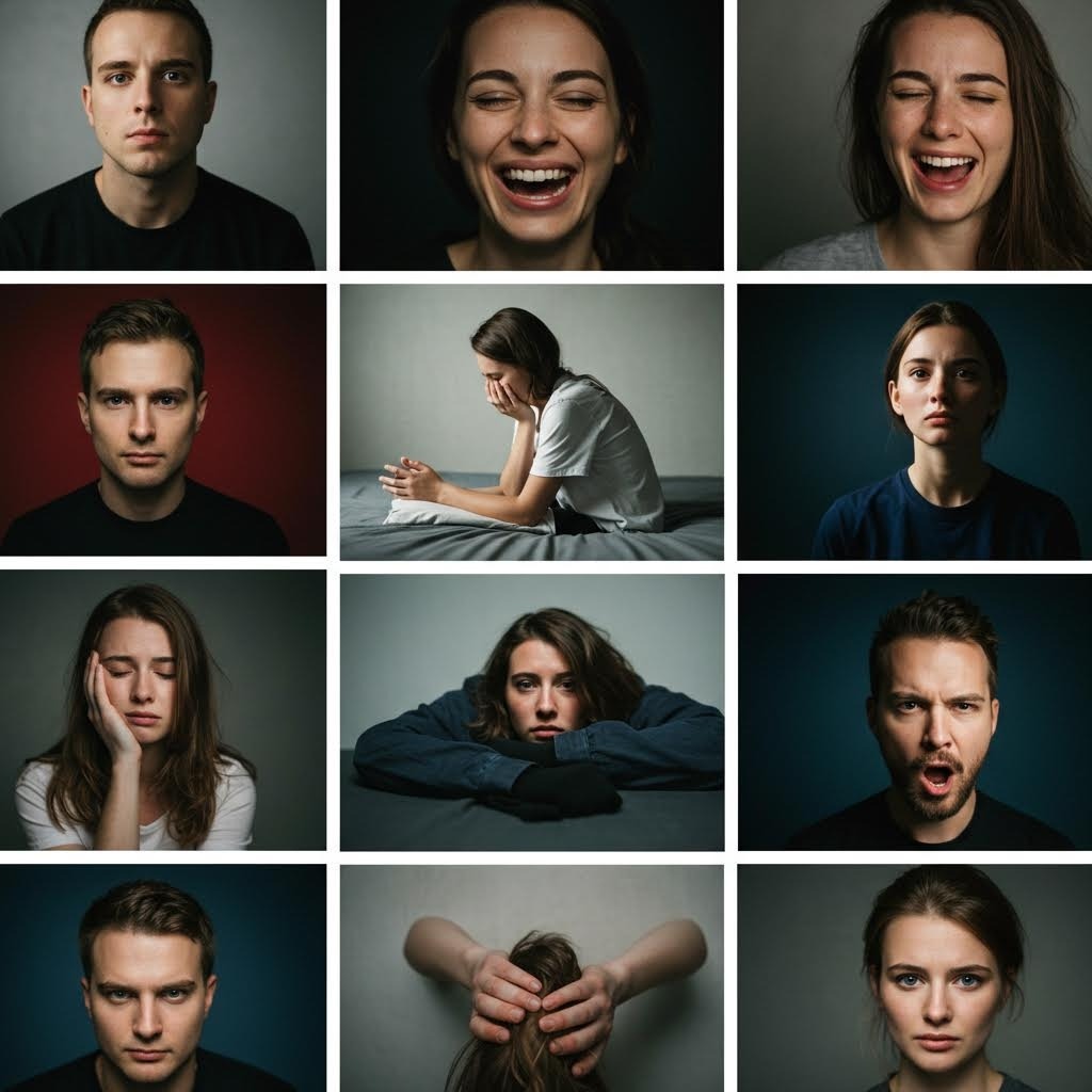 다양한 감정을 표현하는 인물들의 얼굴을 통해 감정 데이터를 시각화한 이미지