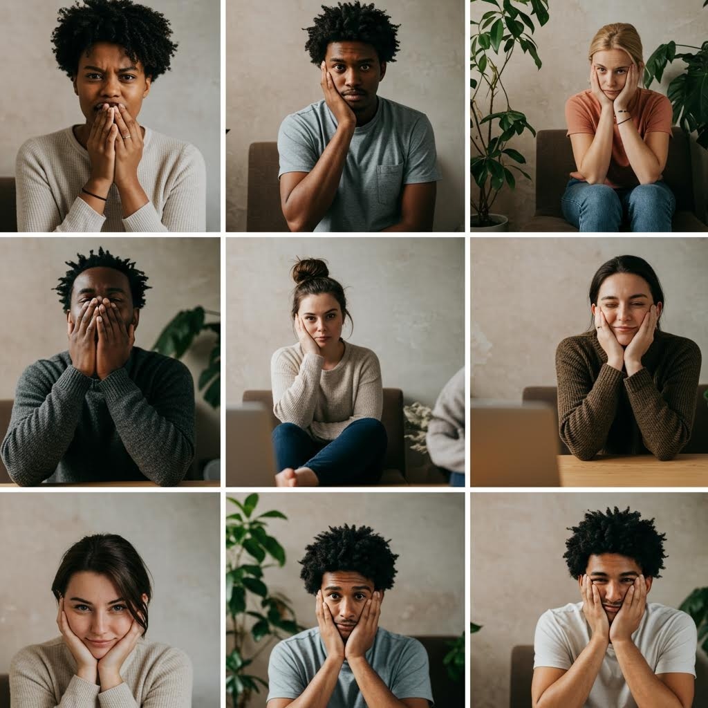 다양한 표정과 감정을 표현하는 인물 모음, 온카스터디의 감정 인식 연구 자료