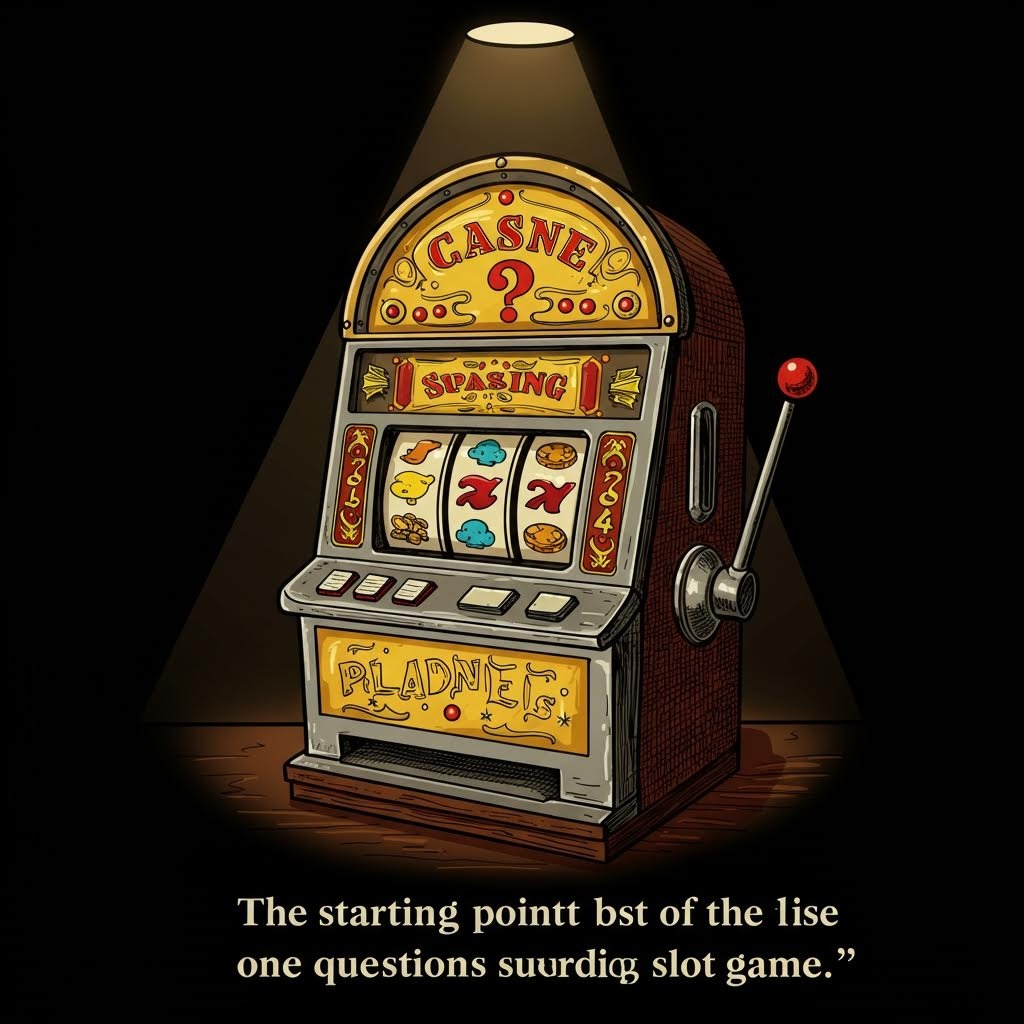 고전적인 슬롯 머신이 어두운 조명 아래 놓여 있고, 화면에는 여러 과일 모양이 보이며 아래쪽에는 짧은 문구가 표시된 장면.