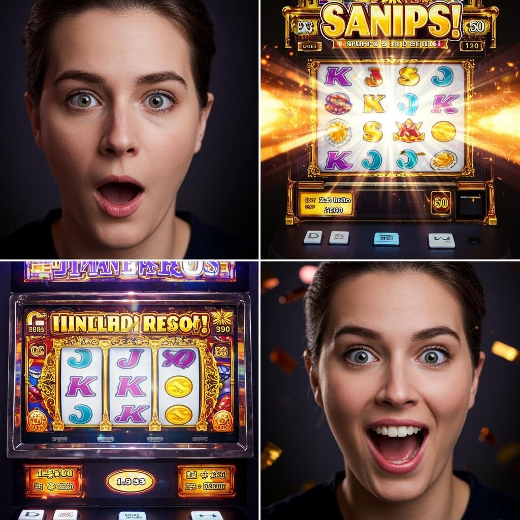 놀란 표정을 짓는 여성 얼굴과 슬롯 머신 화면 두 장면이 네 구역으로 나뉘어 배치된 이미지로, 여성의 반응과 게임 결과 화면을 함께 보여주는 구성.