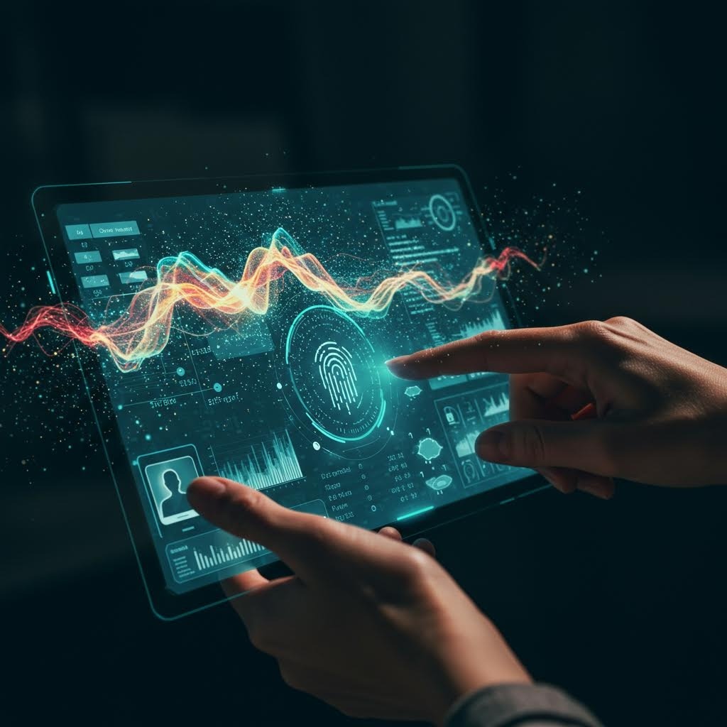 디지털 화면에서 지문 인증과 데이터 파형을 조작하는 손, 온카스터디의 보안 인증 인터페이스