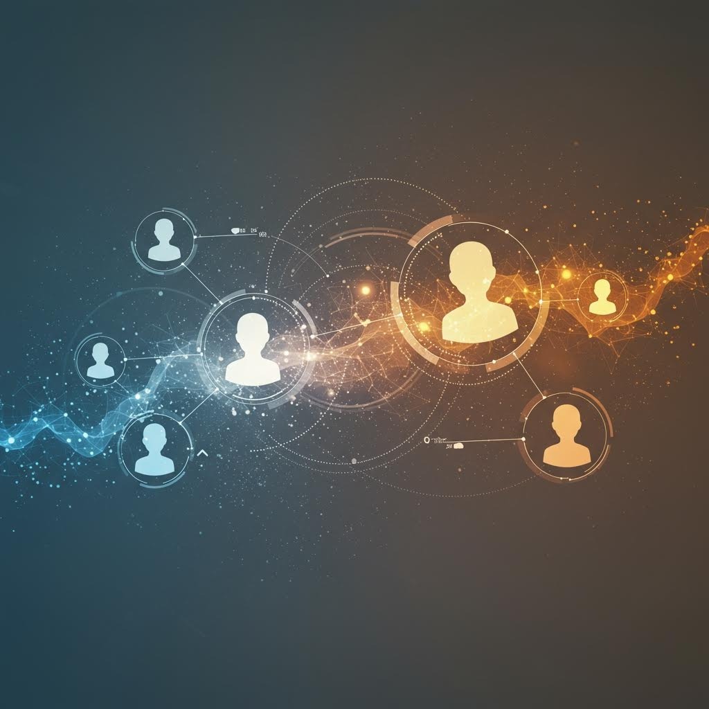 인물 아이콘이 연결된 추상 네트워크 그래픽, 온카스터디의 사회적 연결 시각화