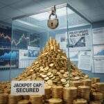 투명한 천장과 자물쇠로 막힌 거대한 금화 더미가 재정 차트와 정책 문서 배경에 놓여 있습니다.