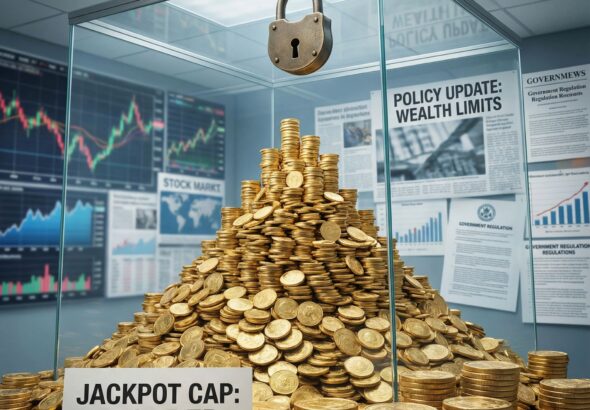 투명한 천장과 자물쇠로 막힌 거대한 금화 더미가 재정 차트와 정책 문서 배경에 놓여 있습니다.