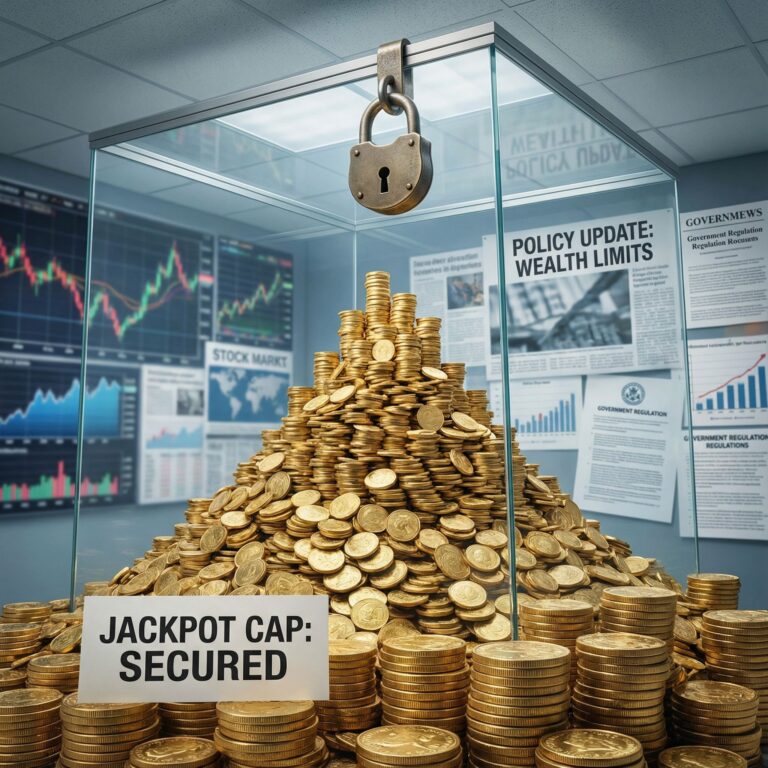 투명한 천장과 자물쇠로 막힌 거대한 금화 더미가 재정 차트와 정책 문서 배경에 놓여 있습니다.