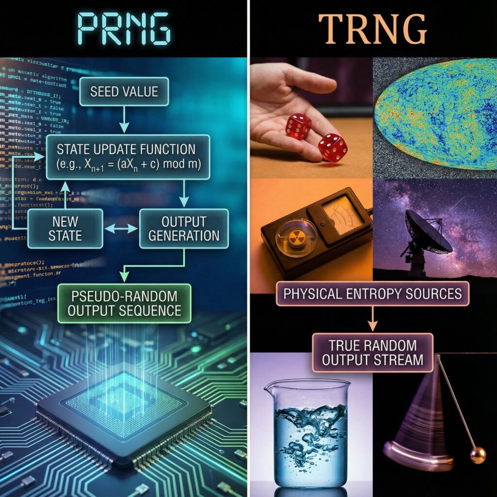 왼쪽은 PRNG라 적힌 컴퓨터 알고리즘 순서도가, 오른쪽은 TRNG라 적힌 주사위나 우주 소음 장치가