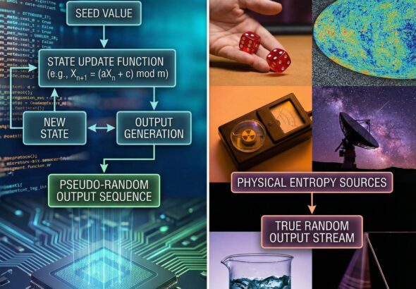 왼쪽은 PRNG라 적힌 컴퓨터 알고리즘 순서도가, 오른쪽은 TRNG라 적힌 주사위나 우주 소음 장치가