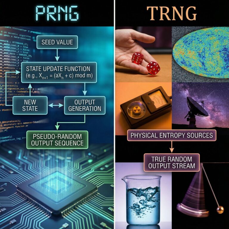 왼쪽은 PRNG라 적힌 컴퓨터 알고리즘 순서도가, 오른쪽은 TRNG라 적힌 주사위나 우주 소음 장치가