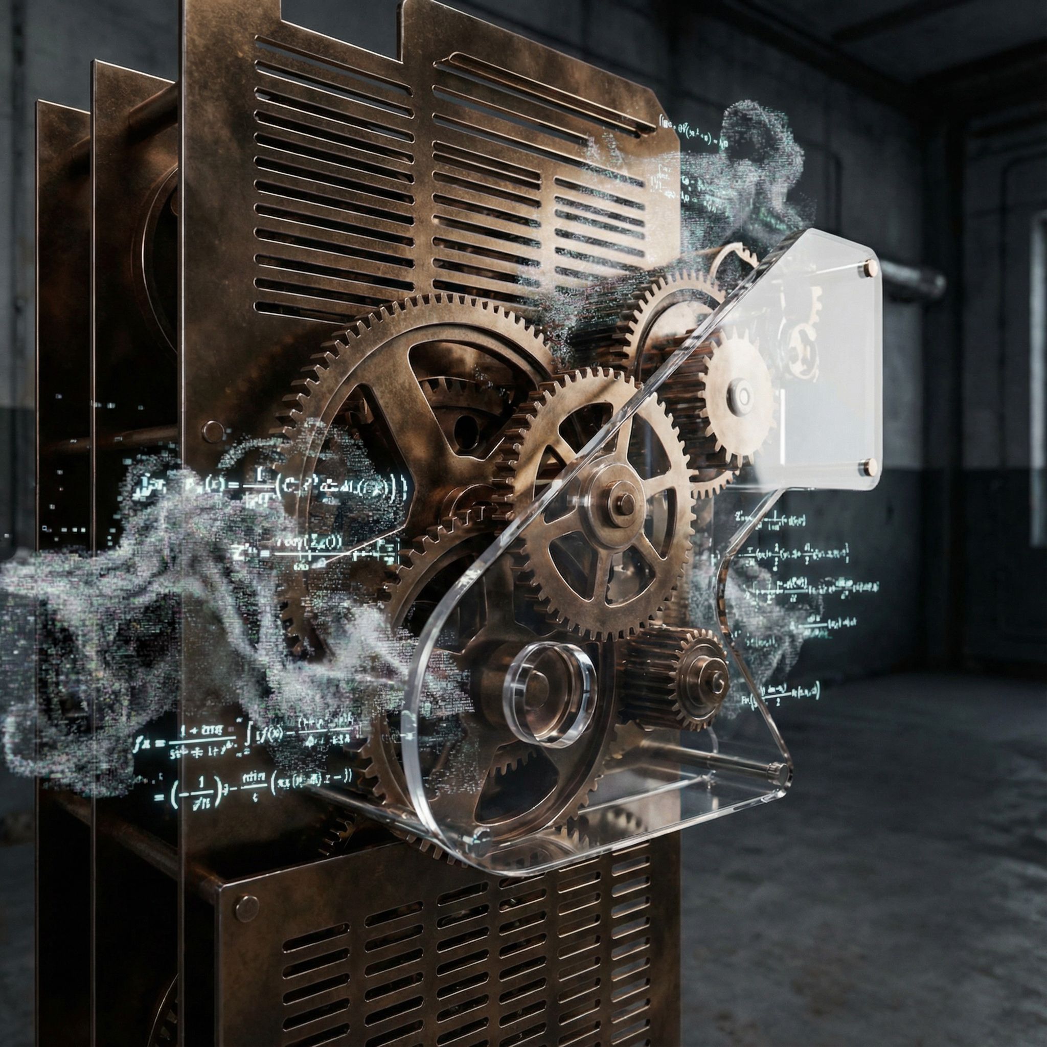 노출된 기어 장치가 맞물려 회전하고 투명 패널 사이로 수식과 입자가 흘러나오는 기계적 장면
