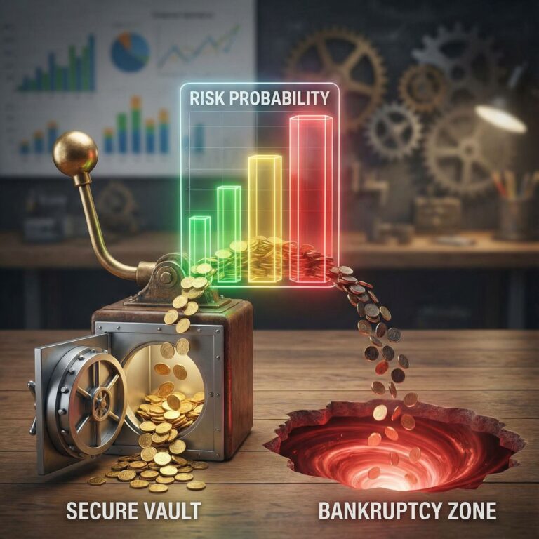 검은색 배경에 슬롯머신 레버가 위험 확률을 나타내는 막대그래프로 변형되며, 안전한 금고로 흘러드는 동전과