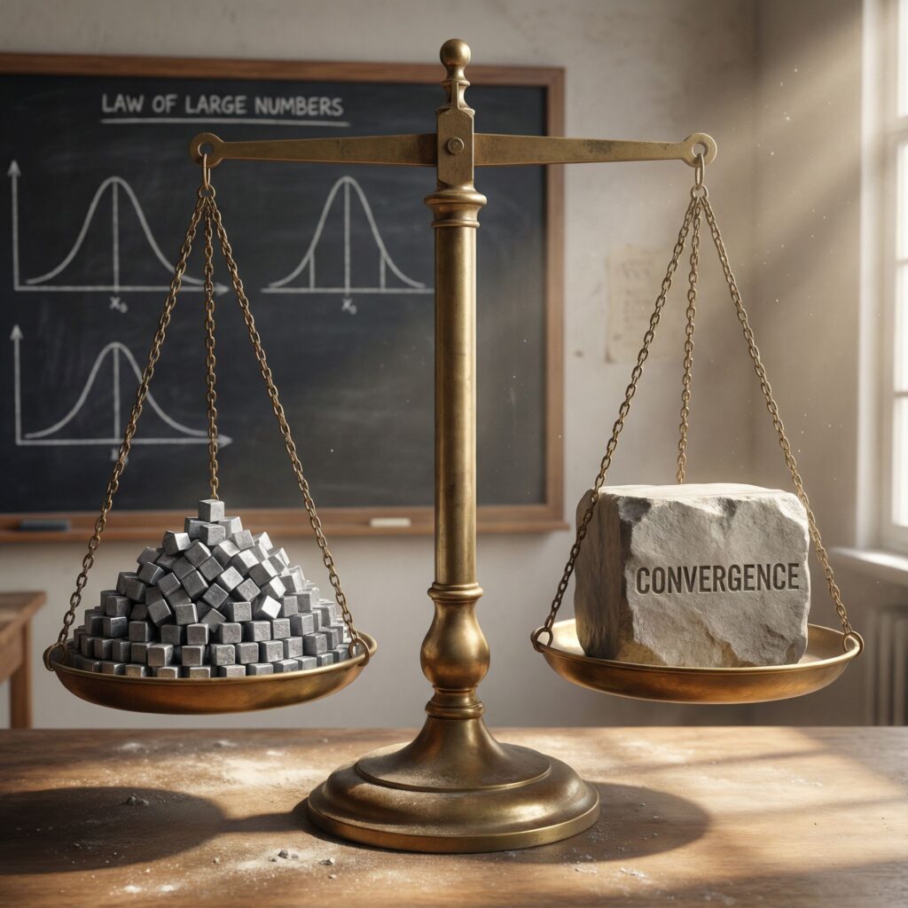 한쪽에는 셀 수 없이 많은 작은 추가, 다른 쪽에는 동일한 무게의 하나의 거대한 추가 올려진 저울이