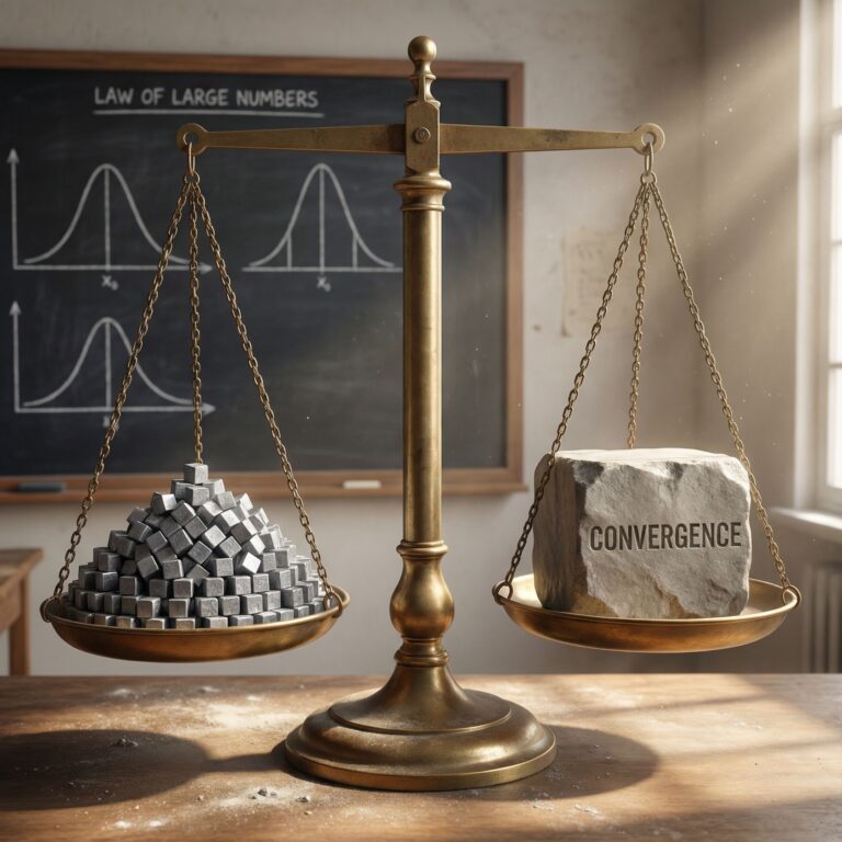 한쪽에는 셀 수 없이 많은 작은 추가, 다른 쪽에는 동일한 무게의 하나의 거대한 추가 올려진 저울이