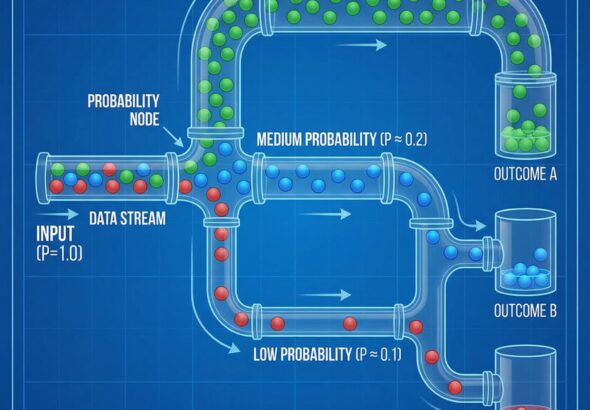파이프라인 구조를 설명하는 도표로, 데이터 흐름과 확률 개념을 나타내는 가지치기 경로가 표현되어 있습니다.