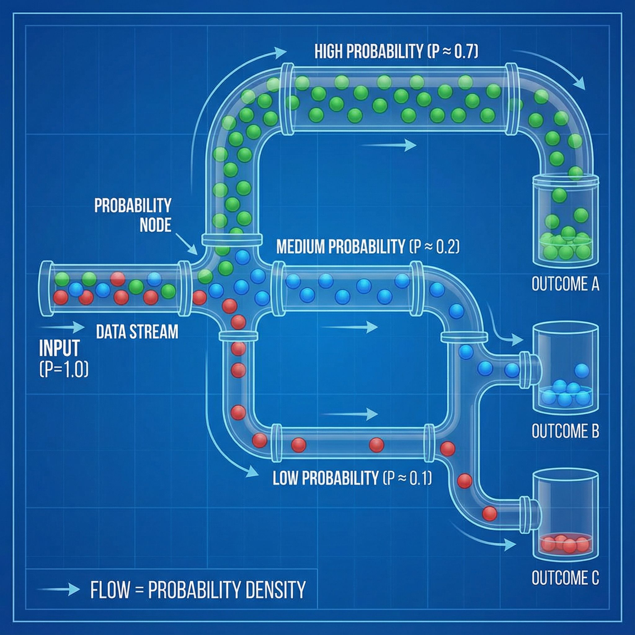 파이프라인 구조를 설명하는 도표로, 데이터 흐름과 확률 개념을 나타내는 가지치기 경로가 표현되어 있습니다.