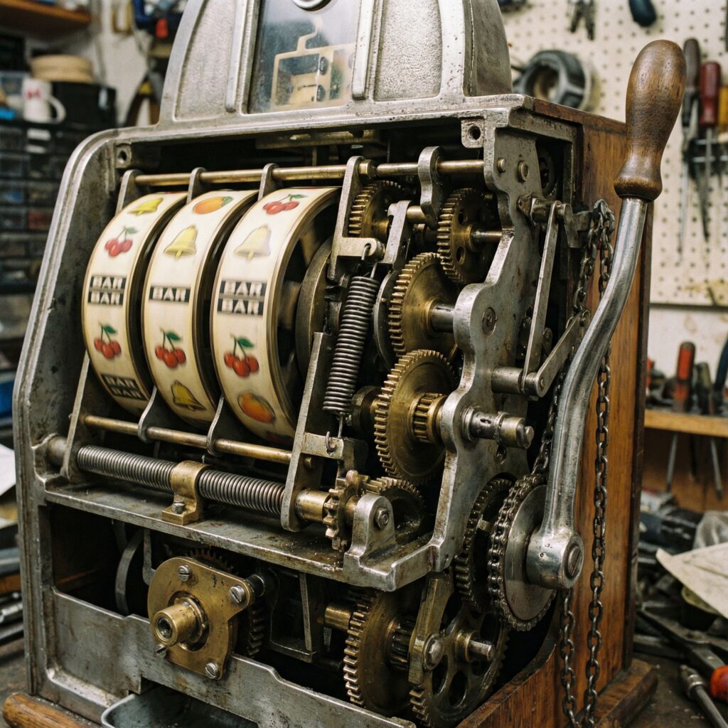 클래식 슬롯머신의 내부를 가로지르는 단면으로, 복잡하게 맞물린 기어와 레버 메커니즘을 자세히 보여주는