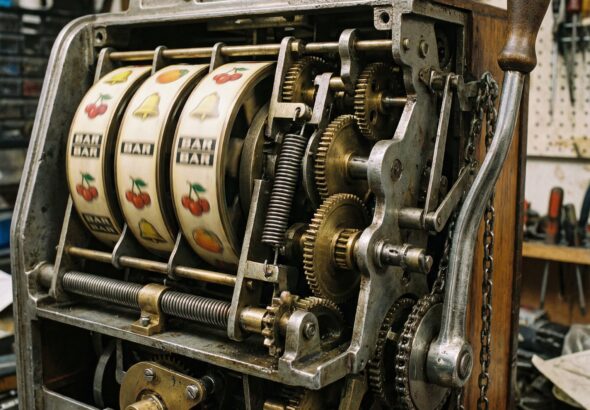 클래식 슬롯머신의 내부를 가로지르는 단면으로, 복잡하게 맞물린 기어와 레버 메커니즘을 자세히 보여주는