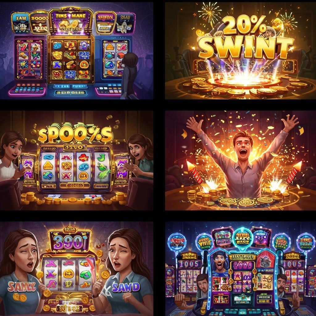 승리와 패배를 묘사하는 6개 장면 - 다양한 슬롯머신 게임, 20% 승률 프로모션, 환호하는 플레이어 및 카지노 플로어