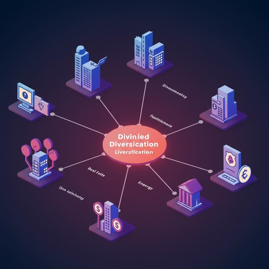 중앙의 붉은 원을 중심으로 여러 분야의 아이콘들이 방사형으로 배열되어 구조적 분산 개념을 시각적으로 표현한 장면