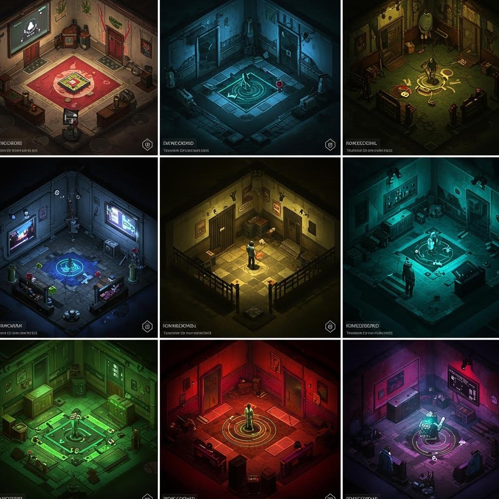 다양한 색상 조명의 9개 아이소메트릭 게임 환경 - 룰렛 테이블, 마법진, 게임 스테이션 및 신비로운 설정을 특징으로 하는 방