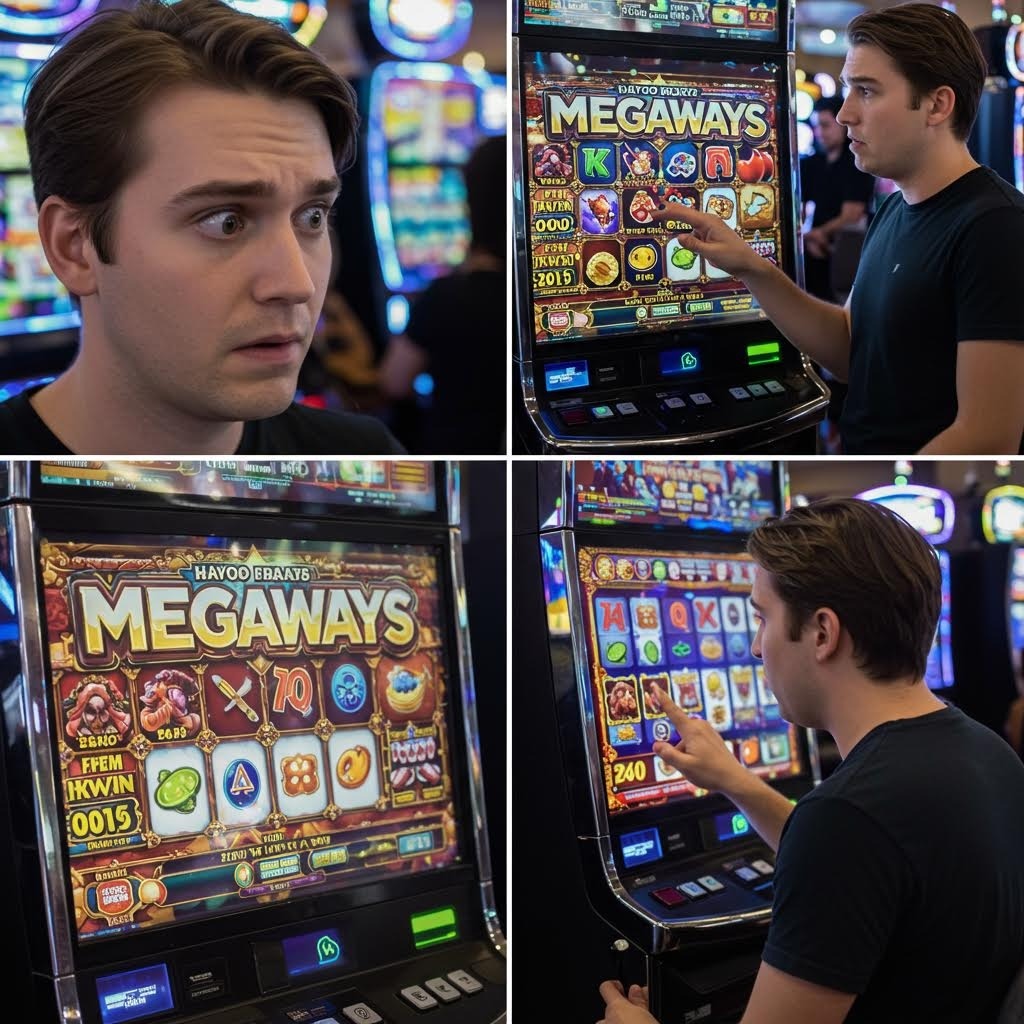카지노에서 Megaways 슬롯머신과 상호작용하는 젊은이의 4개 장면 - 우려스러운 표정과 게임 플레이 클로즈업
