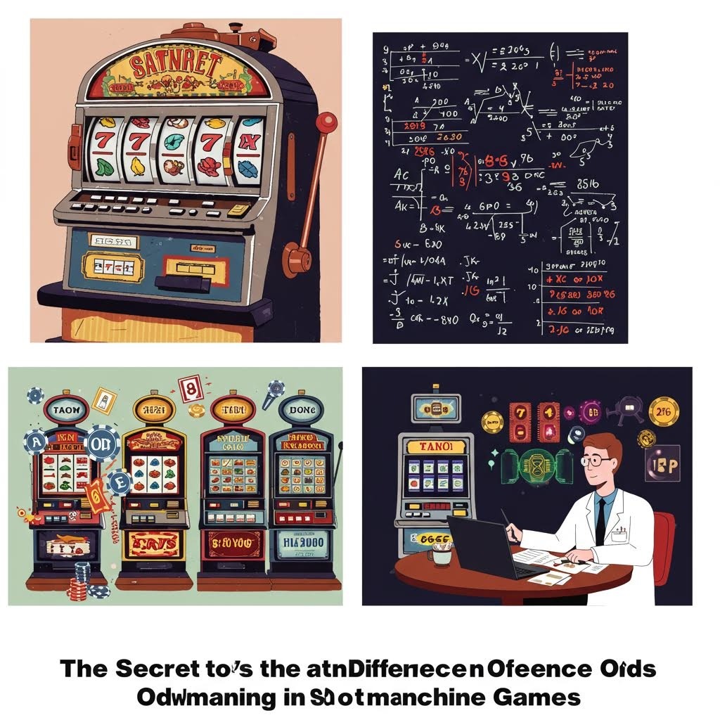 슬롯머신 게임의 배당률 차이 비밀을 설명하는 4패널 인포그래픽 - 빈티지 머신, 수학 계산, 다양한 슬롯 유형 및 확률을 연구하는 과학자