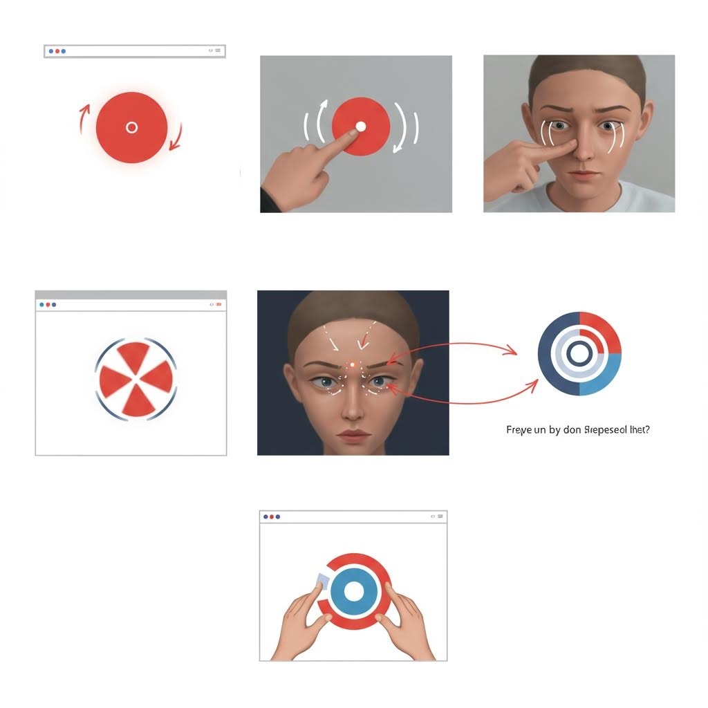 스피닝 휠 UI 요소, 시선 추적 기술 및 인간 얼굴 타겟팅을 보여주는 게임화된 주의 메커니즘 다이어그램